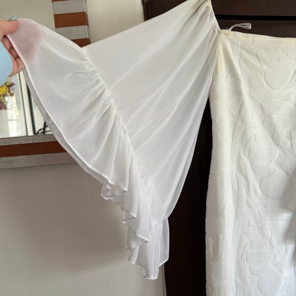 JOSEPH RIBKOFF | White Off Shoulder Sheath Dress Chiffon Ruffle Bell Sleeves 12 - Picture 4 of 6